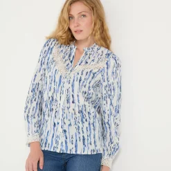 Bloes En Tuniek<Blancheporte Bedrukte bloes met knopen in tetrastof en macramé wit / blauw