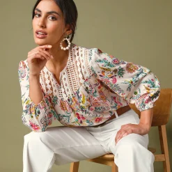 Bloes En Tuniek<Blancheporte Bedrukte bloes met macramé ecru / roze