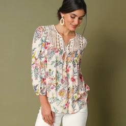 Bloes En Tuniek<Blancheporte Bedrukte bloes met macramé ecru / roze