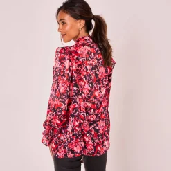 Feestoutfits Dames|Bloes En Tuniek<Blancheporte Bedrukte bloes met officierskraag en strookjes pruim / rood