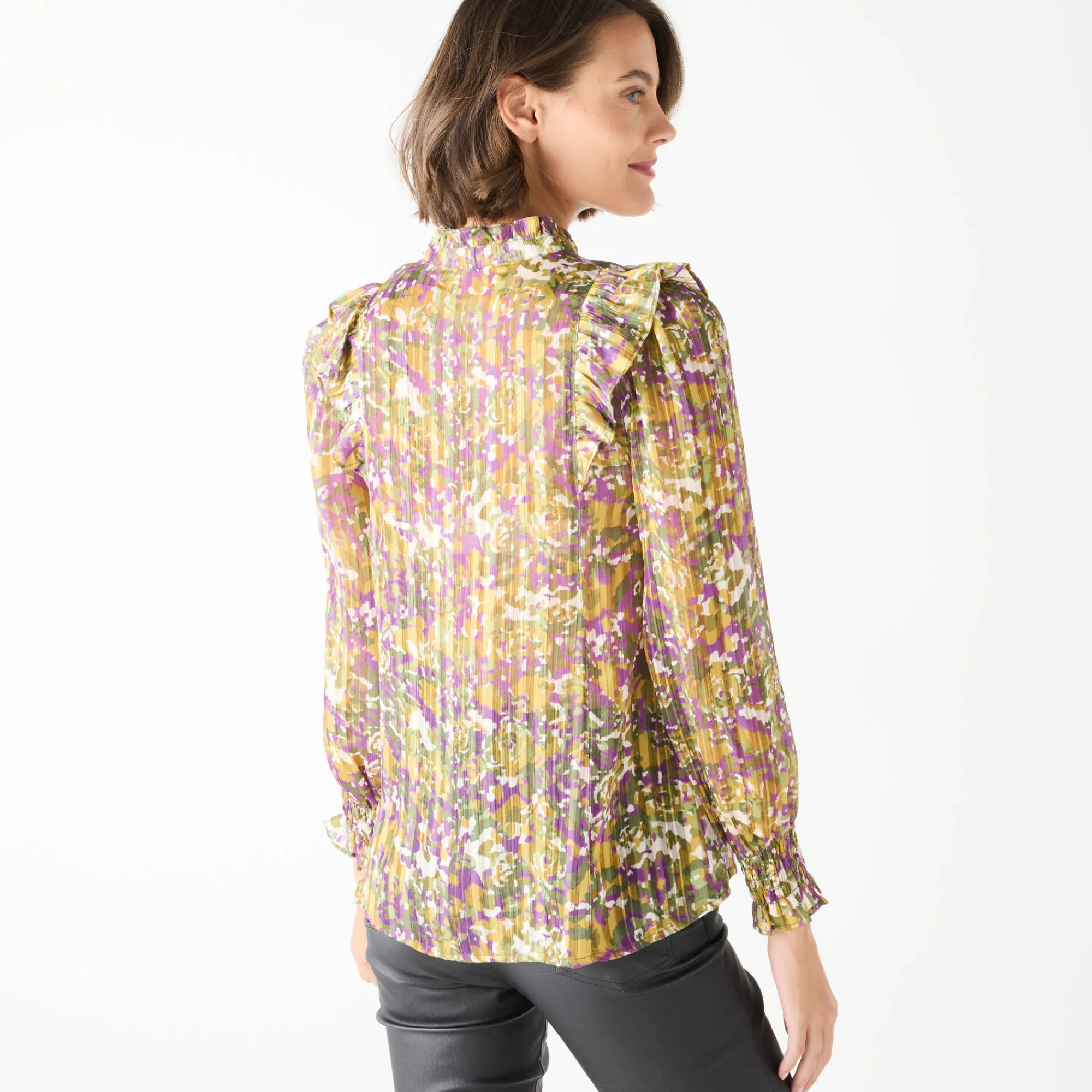 Feestoutfits Dames|Bloes En Tuniek<Blancheporte Bedrukte bloes met officierskraag en strookjes bronskleur / violine