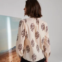 Bloes En Tuniek<Blancheporte Bedrukte bloes met opstaande kraag, bloezende mouwen beige / chocolade