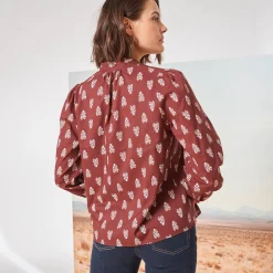 Bloes En Tuniek<Blancheporte Bedrukte bloes met opstaande kraag, bloezende mouwen chocolade / beige
