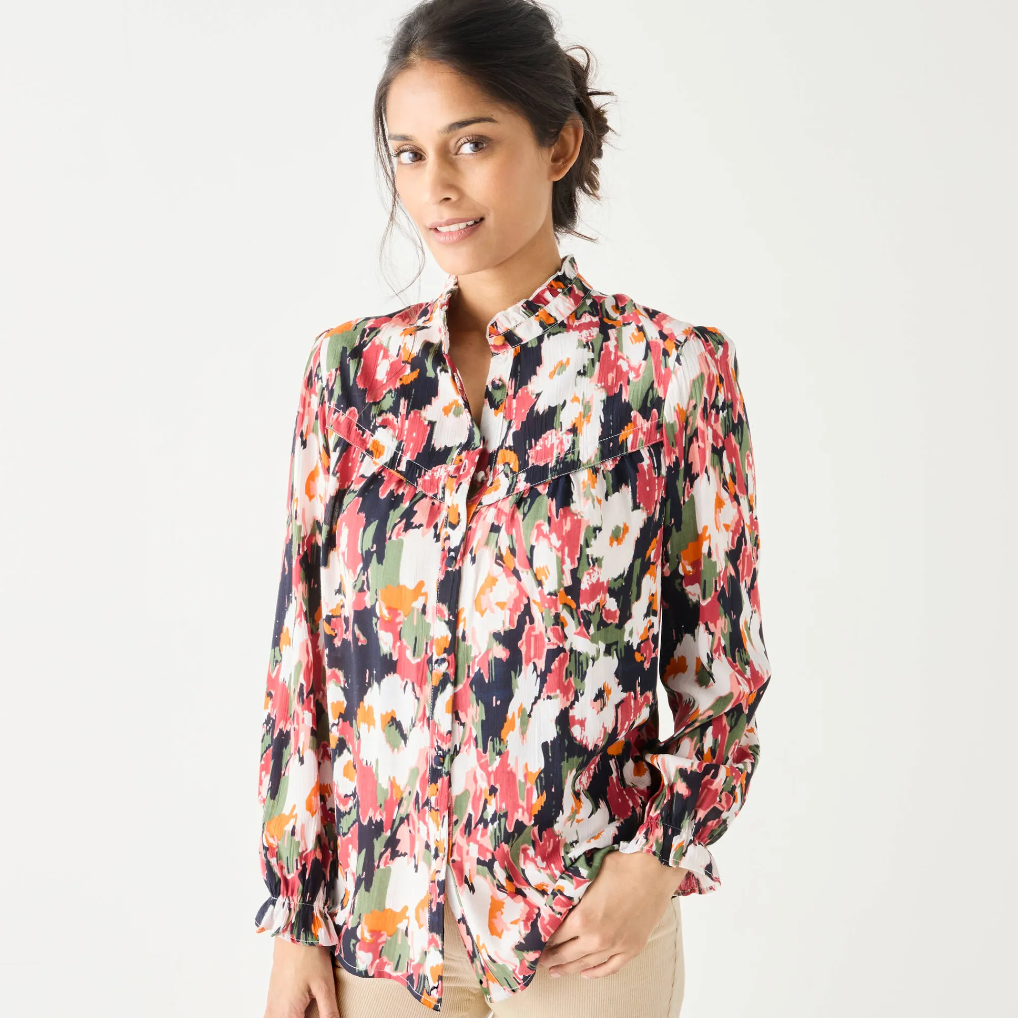 Bloes En Tuniek<Blancheporte Bedrukte bloes met ruchekraag, crepon marine / roze