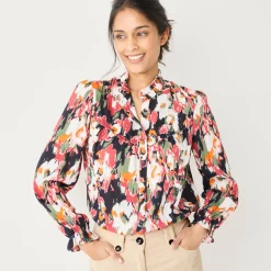 Bloes En Tuniek<Blancheporte Bedrukte bloes met ruchekraag, crepon marine / roze