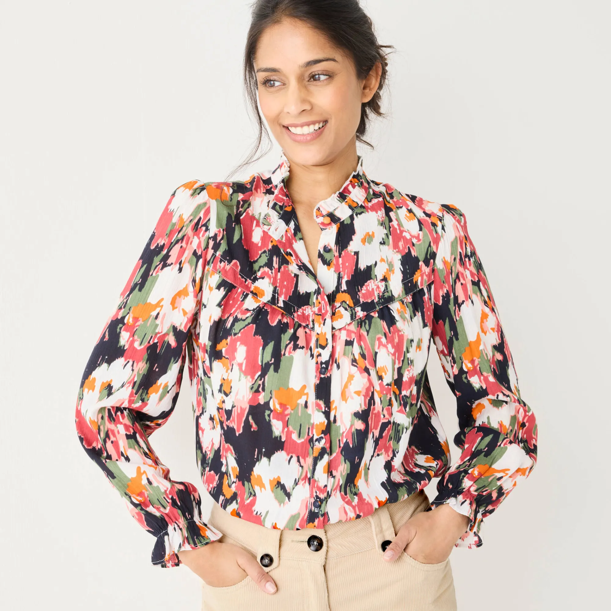 Bloes En Tuniek<Blancheporte Bedrukte bloes met ruchekraag, crepon marine / roze