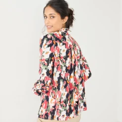 Bloes En Tuniek<Blancheporte Bedrukte bloes met ruchekraag, crepon marine / roze