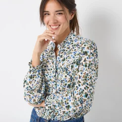 Bloes En Tuniek<Blancheporte Bedrukte bloes met stroken, crepon ecru / blauw