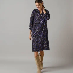 Feestoutfits Dames|Jurk<Lora Zellini Bedrukte hemdjurk met knopen zwart / blauw