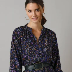 Feestoutfits Dames|Jurk<Lora Zellini Bedrukte hemdjurk met knopen zwart / blauw