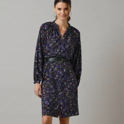 Feestoutfits Dames|Jurk<Lora Zellini Bedrukte hemdjurk met knopen zwart / blauw