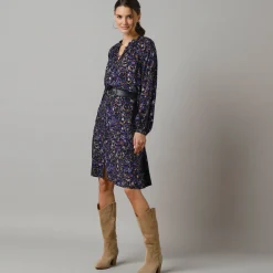 Feestoutfits Dames|Jurk<Lora Zellini Bedrukte hemdjurk met knopen zwart / blauw