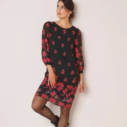 Feestoutfits Dames|Jurk<Blancheporte Bedrukte jurk in voile, 3/4-mouwen zwart / rood