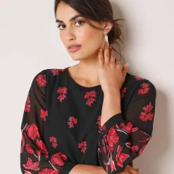 Feestoutfits Dames|Jurk<Blancheporte Bedrukte jurk in voile, 3/4-mouwen zwart / rood