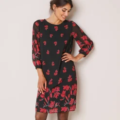Feestoutfits Dames|Jurk<Blancheporte Bedrukte jurk in voile, 3/4-mouwen zwart / rood