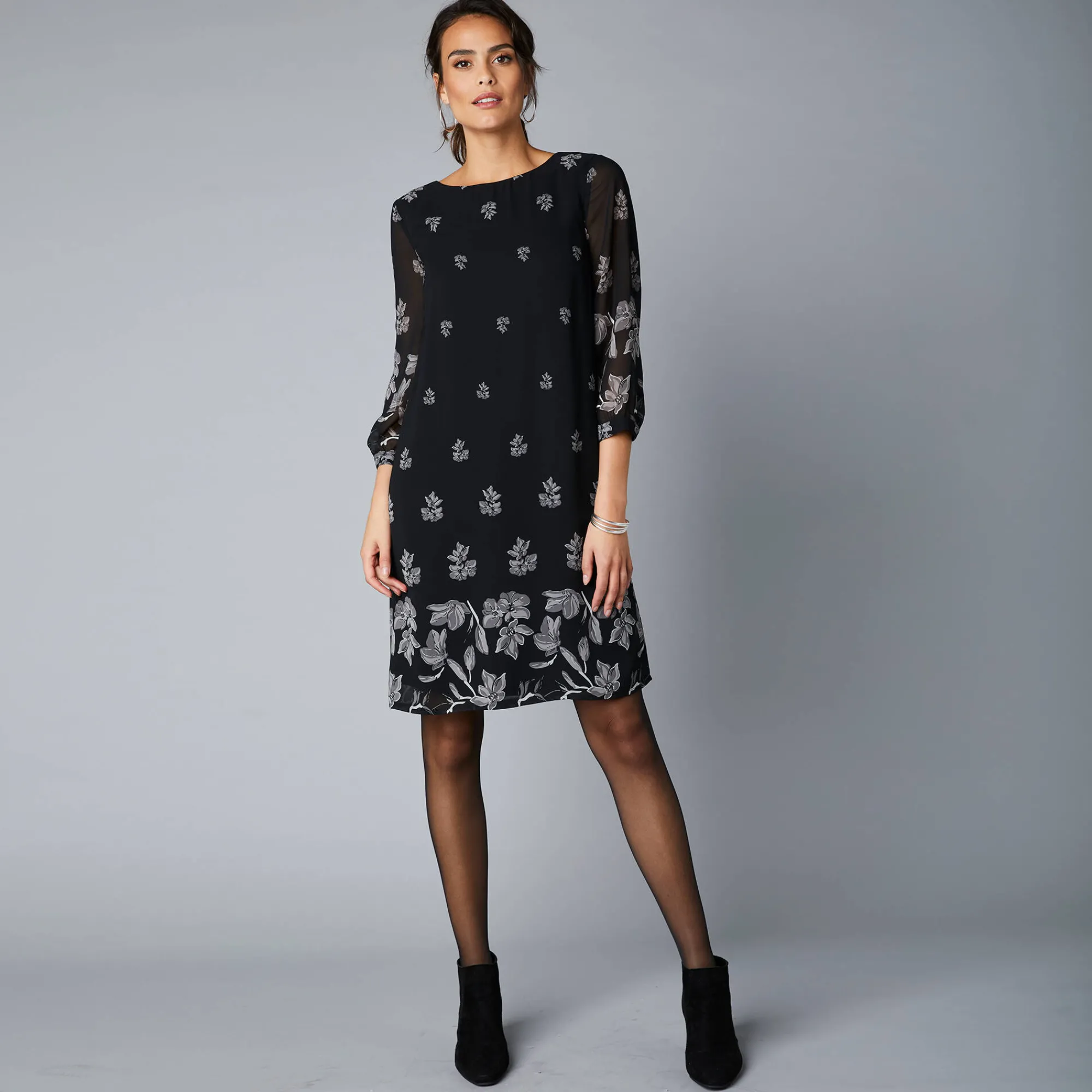Feestoutfits Dames|Jurk<Blancheporte Bedrukte jurk in voile, 3/4-mouwen zwart / grijs