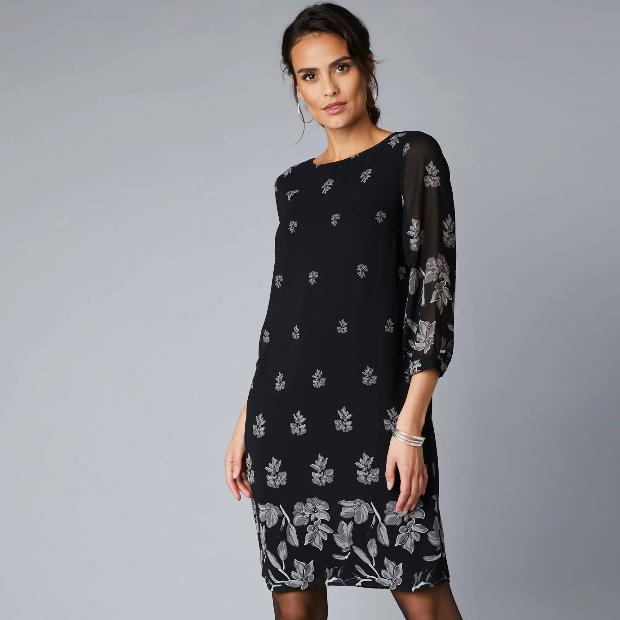 Feestoutfits Dames|Jurk<Blancheporte Bedrukte jurk in voile, 3/4-mouwen zwart / grijs