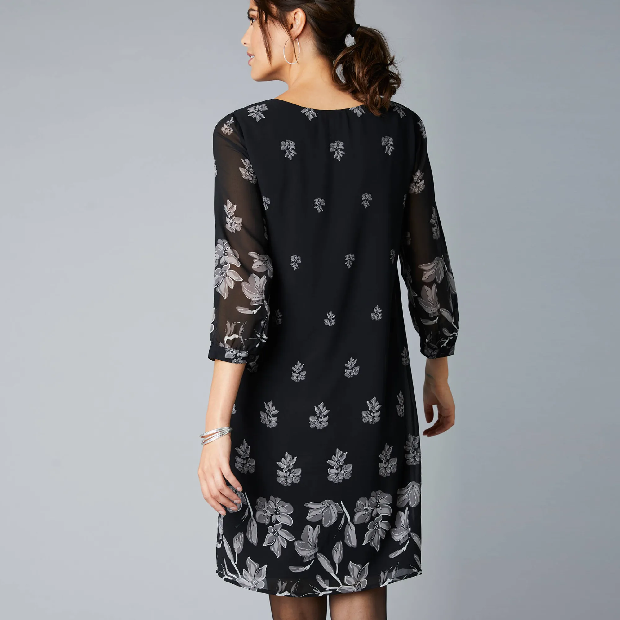 Feestoutfits Dames|Jurk<Blancheporte Bedrukte jurk in voile, 3/4-mouwen zwart / grijs