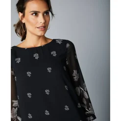 Feestoutfits Dames|Jurk<Blancheporte Bedrukte jurk in voile, 3/4-mouwen zwart / grijs