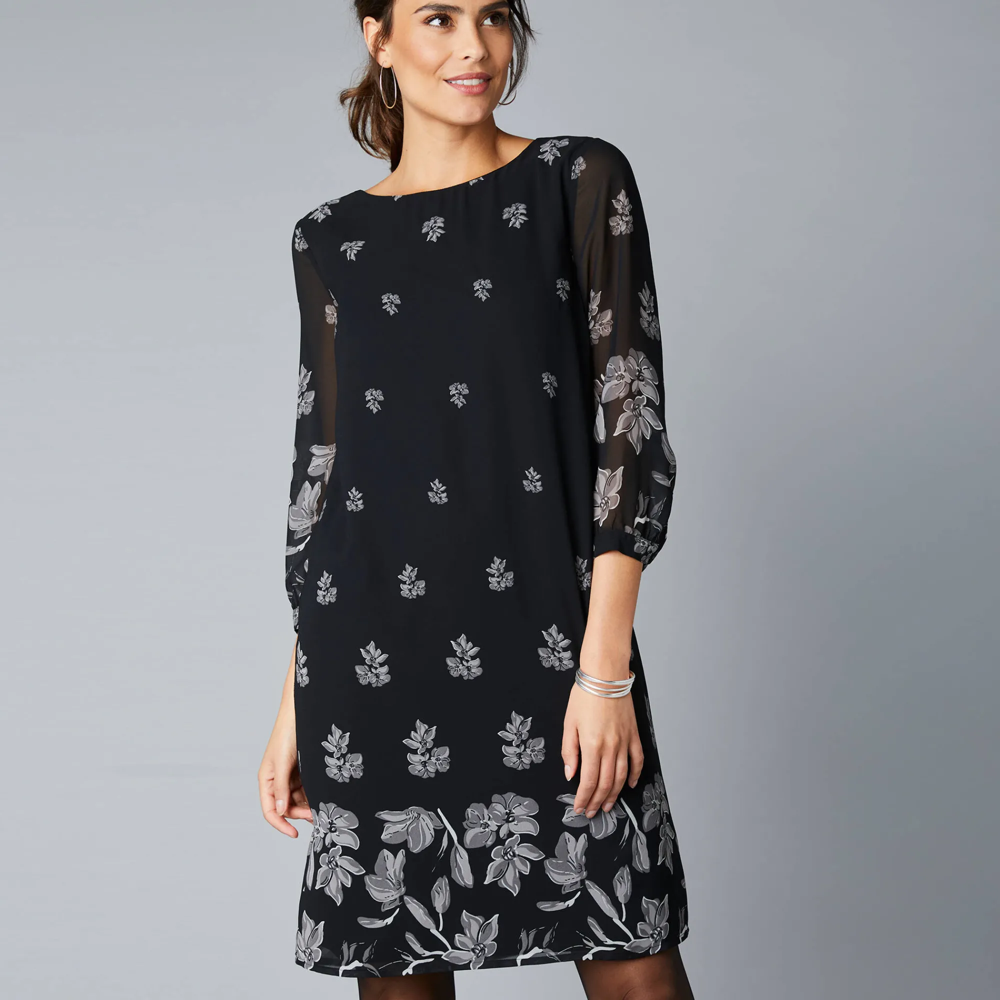Feestoutfits Dames|Jurk<Blancheporte Bedrukte jurk in voile, 3/4-mouwen zwart / grijs