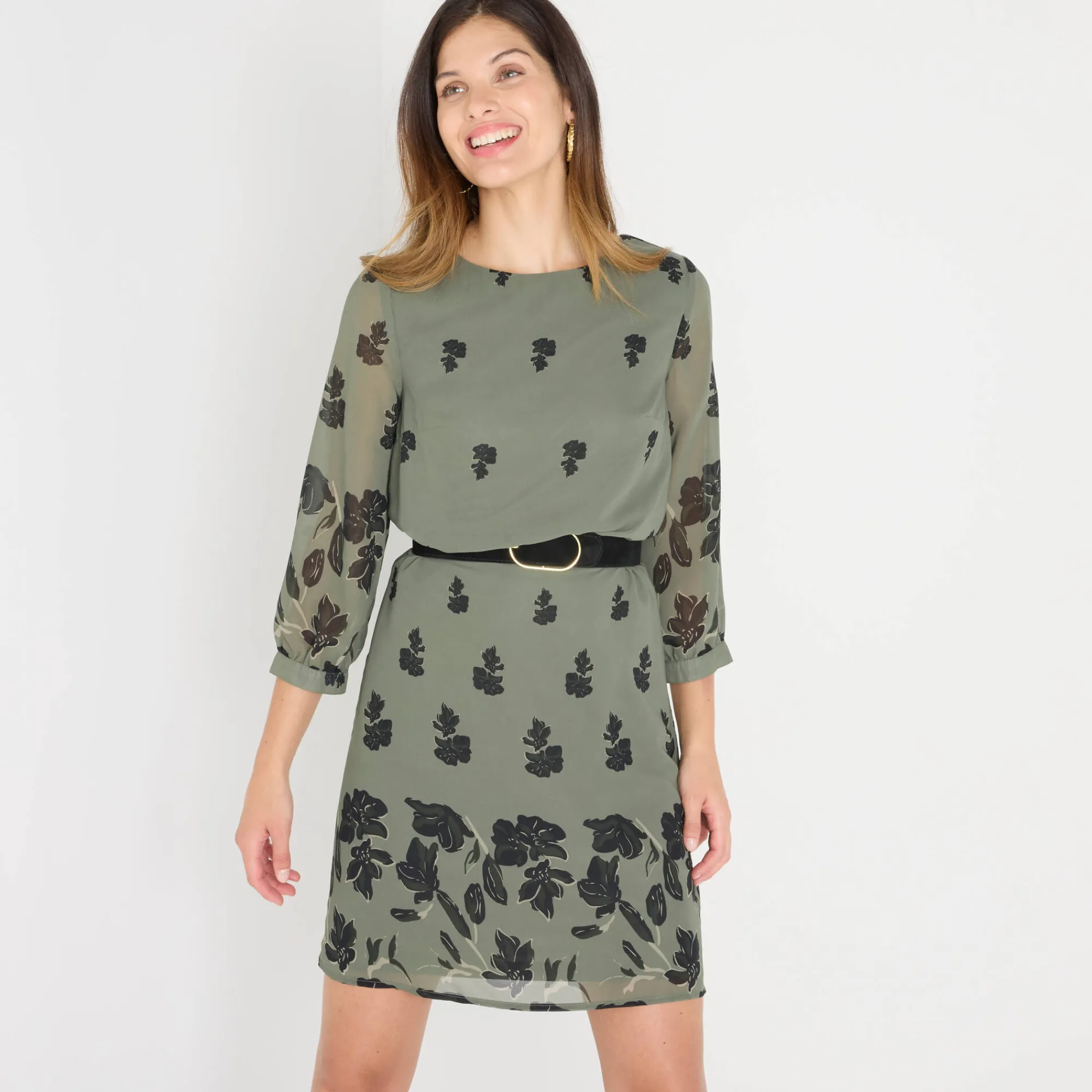 Feestoutfits Dames|Jurk<Blancheporte Bedrukte jurk in voile, 3/4-mouwen bronskleur / zwart