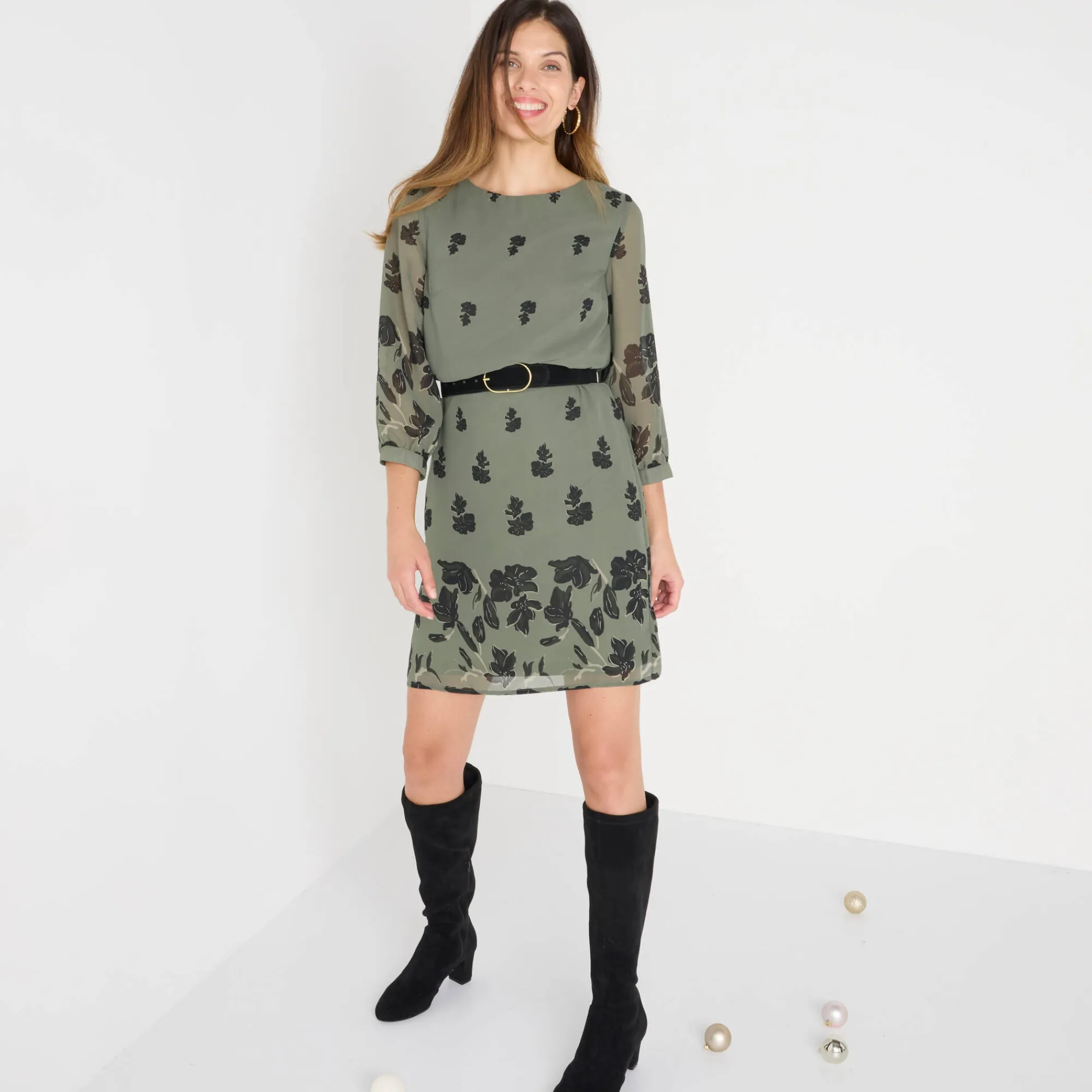 Feestoutfits Dames|Jurk<Blancheporte Bedrukte jurk in voile, 3/4-mouwen bronskleur / zwart