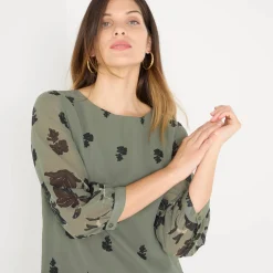 Feestoutfits Dames|Jurk<Blancheporte Bedrukte jurk in voile, 3/4-mouwen bronskleur / zwart