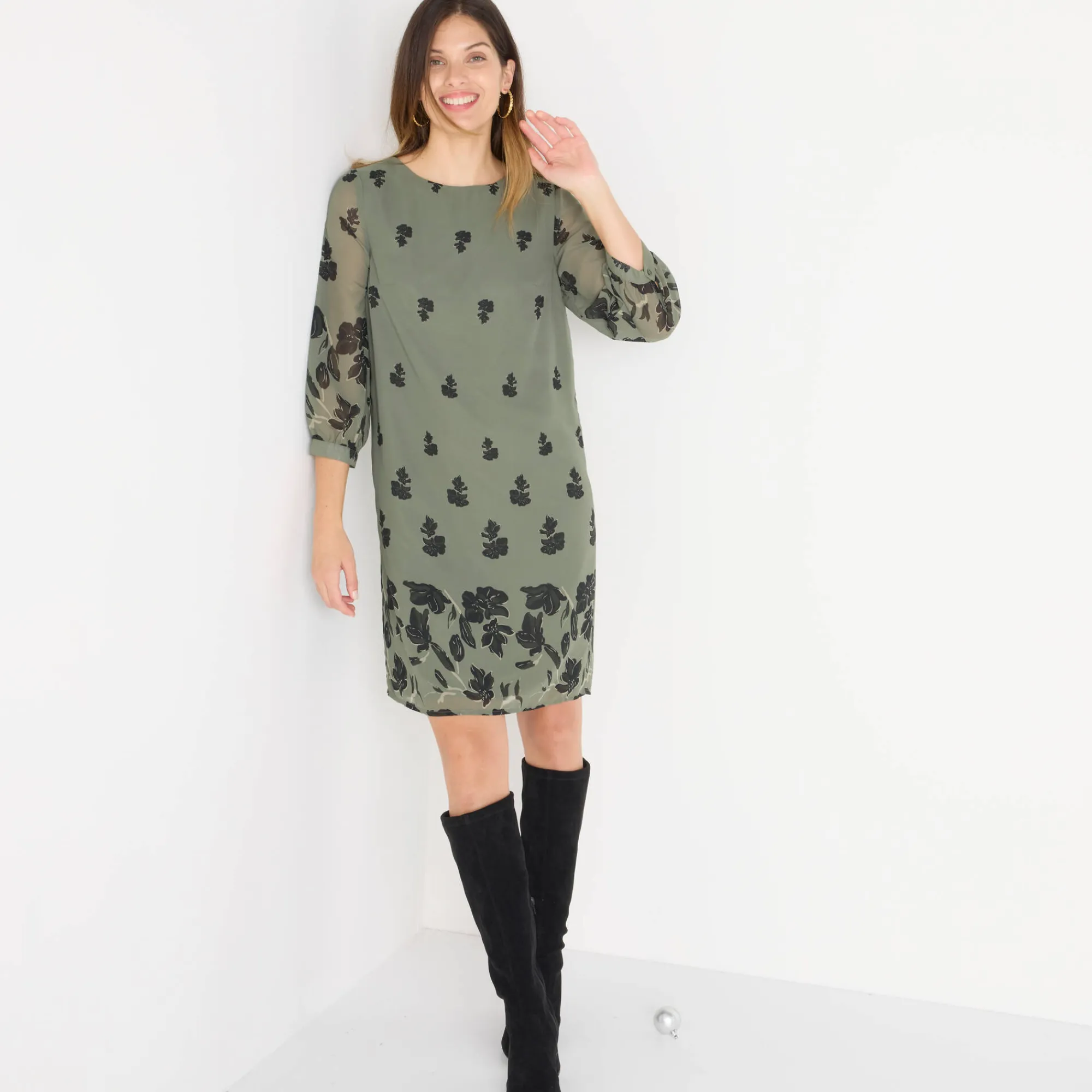 Feestoutfits Dames|Jurk<Blancheporte Bedrukte jurk in voile, 3/4-mouwen bronskleur / zwart