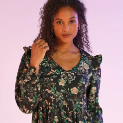 Jurk<Blancheporte Bedrukte jurk met baan onder de cups, gerecycleerd polyester(1) zwart / groen
