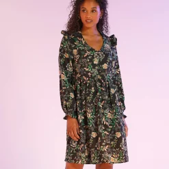 Jurk<Blancheporte Bedrukte jurk met baan onder de cups, gerecycleerd polyester(1) zwart / groen