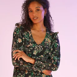 Jurk<Blancheporte Bedrukte jurk met baan onder de cups, gerecycleerd polyester(1) zwart / groen
