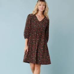 Jurk<Blancheporte Bedrukte jurk met 3/4-mouwen, kleine lengtes zwart / veelkleurig