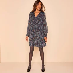 Feestoutfits Dames|Jurk<Blancheporte Bedrukte jurk met plooitjes marine / violine