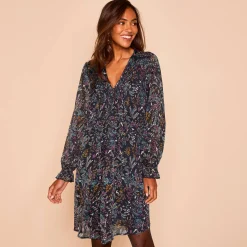 Feestoutfits Dames|Jurk<Blancheporte Bedrukte jurk met plooitjes marine / violine