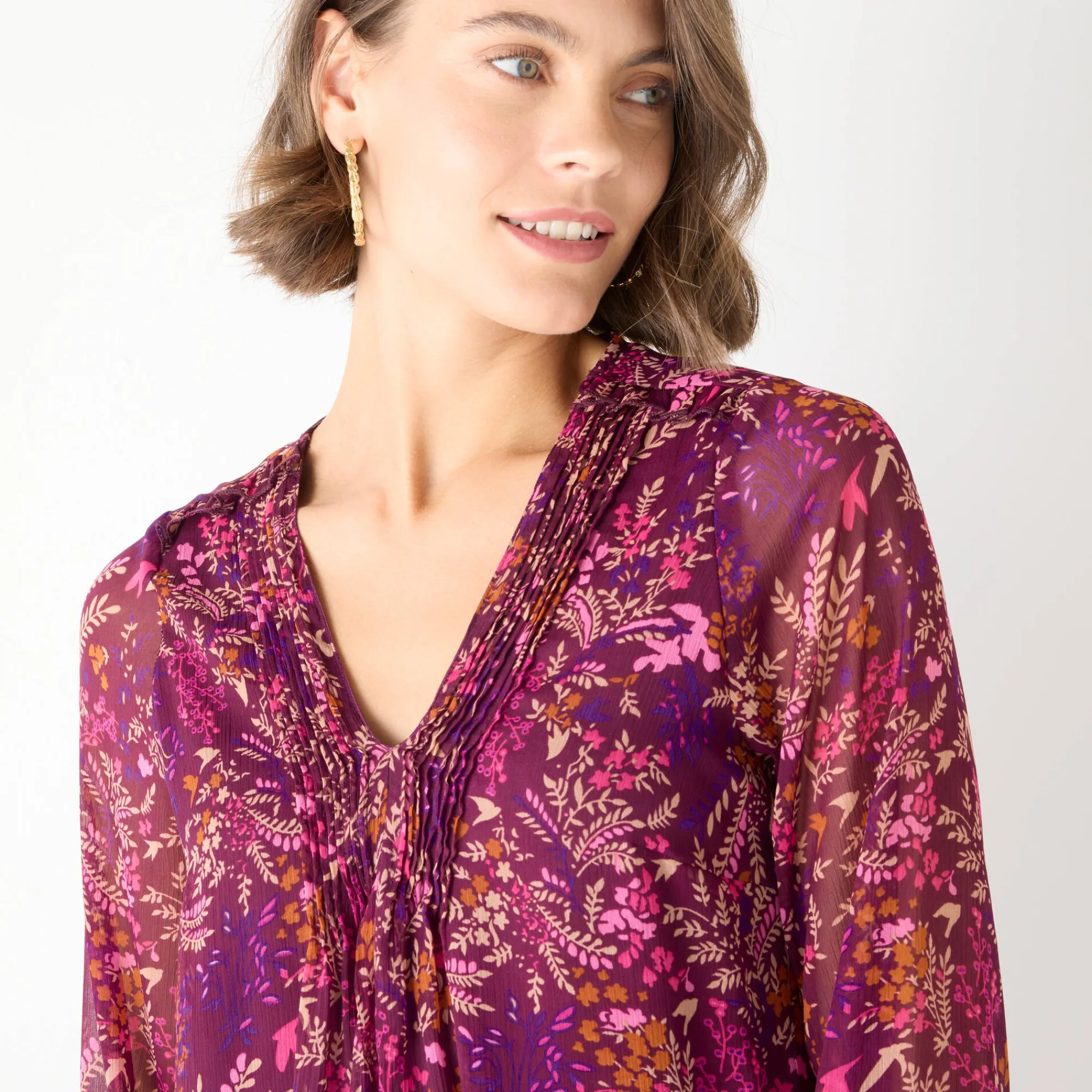 Feestoutfits Dames|Jurk<Blancheporte Bedrukte jurk met plooitjes pruim / roze