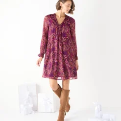 Feestoutfits Dames|Jurk<Blancheporte Bedrukte jurk met plooitjes pruim / roze