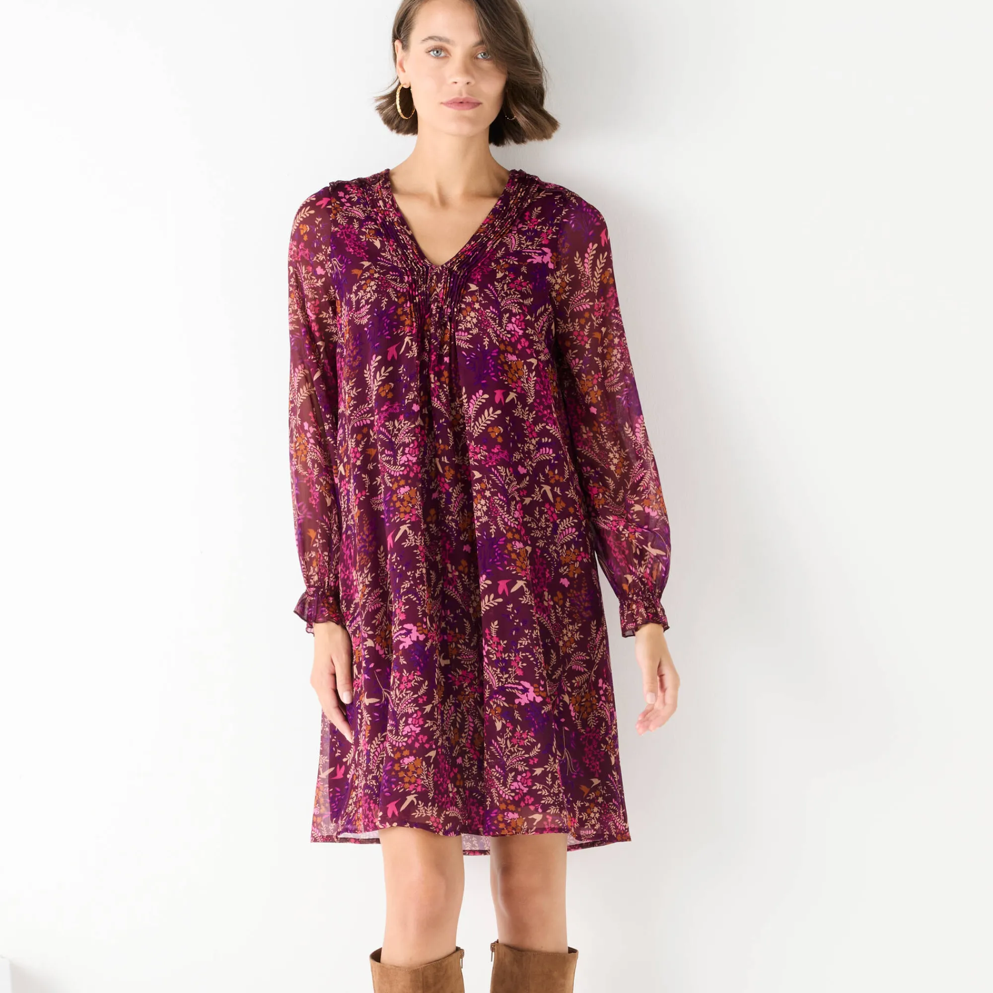 Feestoutfits Dames|Jurk<Blancheporte Bedrukte jurk met plooitjes pruim / roze