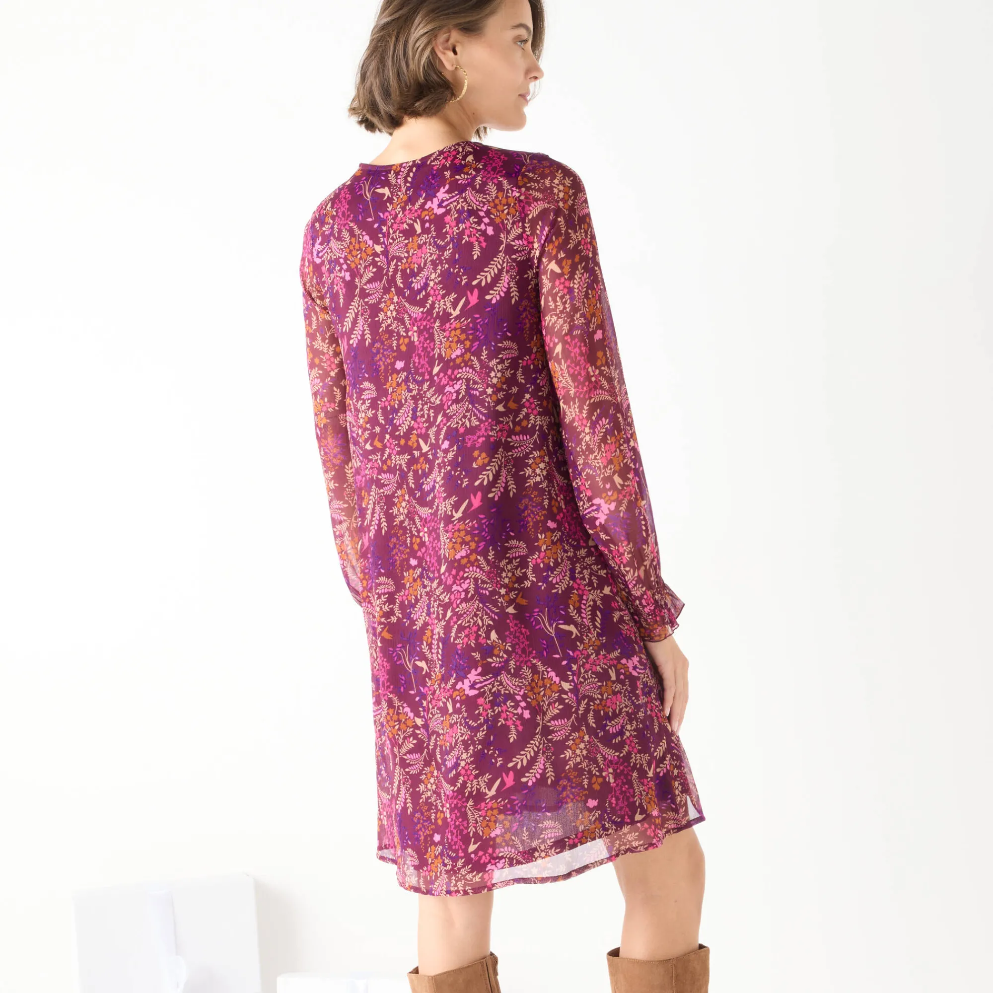 Feestoutfits Dames|Jurk<Blancheporte Bedrukte jurk met plooitjes pruim / roze