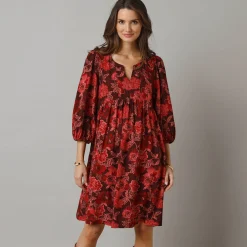 Feestoutfits Dames|Jurk<Lora Zellini Bedrukte korte jurk, 3/4-mouwen bordeaux / roze