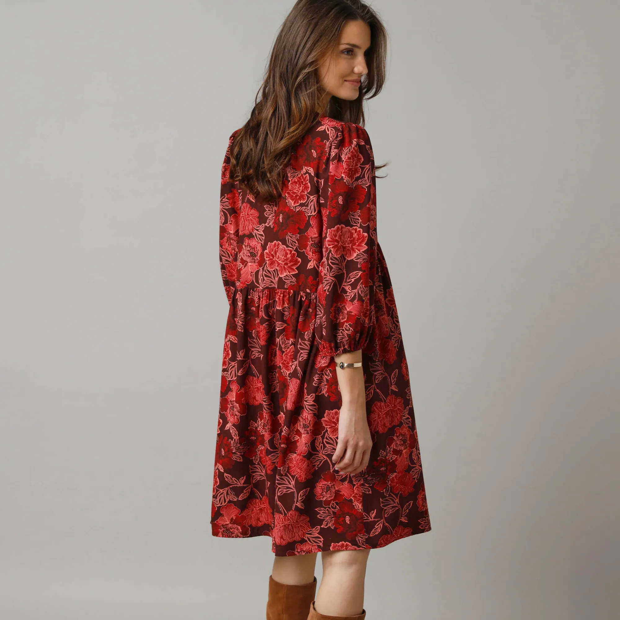 Feestoutfits Dames|Jurk<Lora Zellini Bedrukte korte jurk, 3/4-mouwen bordeaux / roze