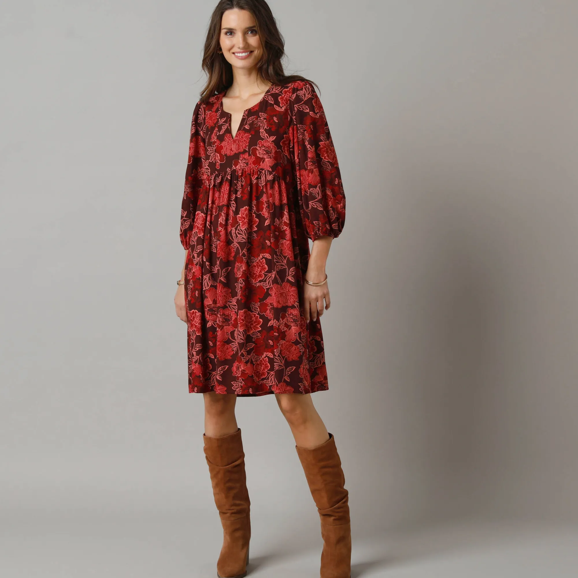 Feestoutfits Dames|Jurk<Lora Zellini Bedrukte korte jurk, 3/4-mouwen bordeaux / roze