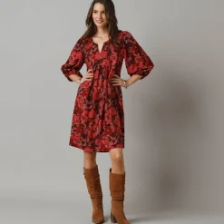 Feestoutfits Dames|Jurk<Lora Zellini Bedrukte korte jurk, 3/4-mouwen bordeaux / roze