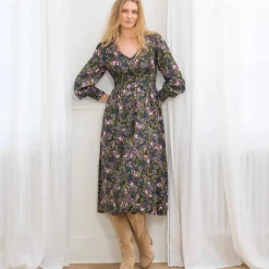 Jurk<Blancheporte Bedrukte midi-jurk, soepele viscose kaki / violine