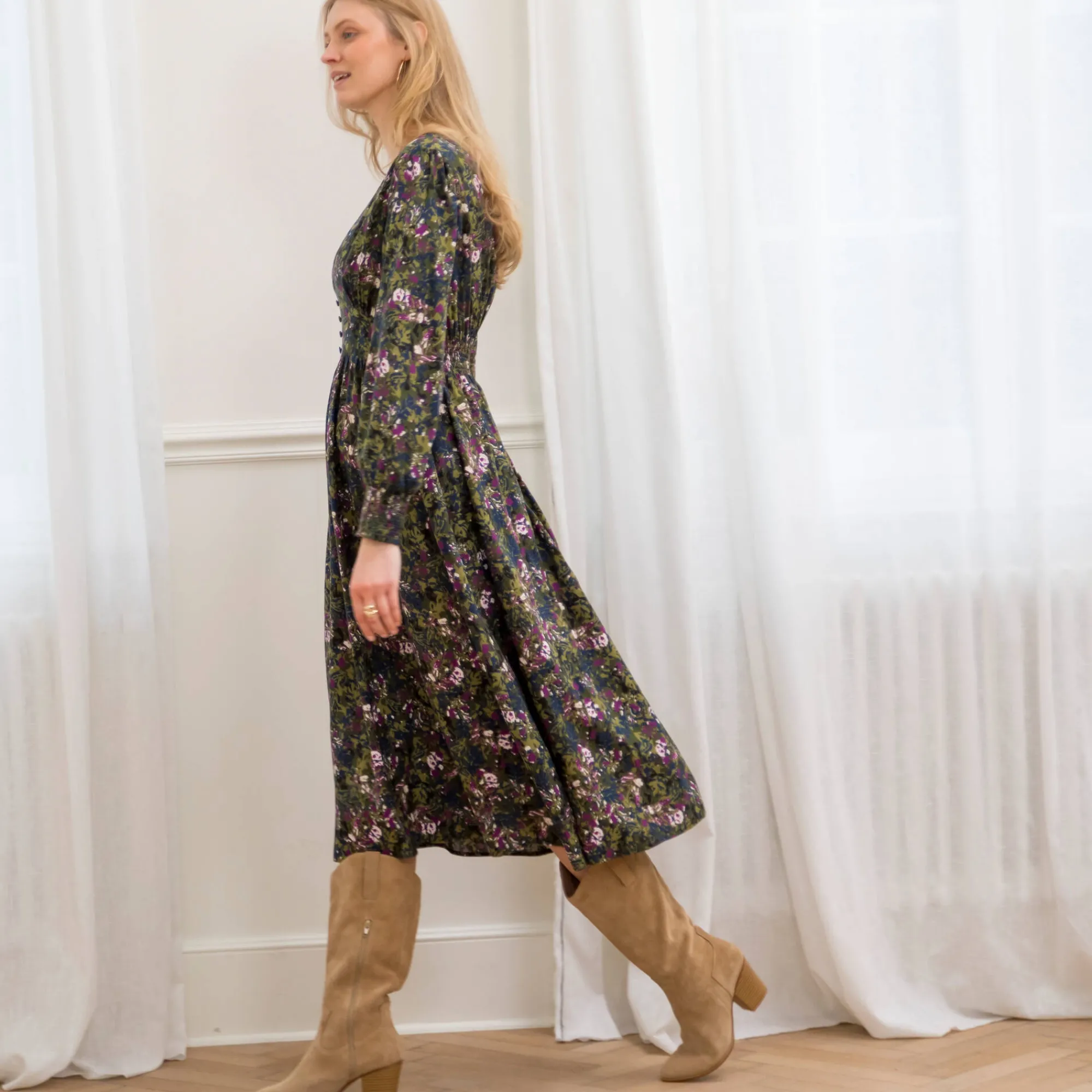 Jurk<Blancheporte Bedrukte midi-jurk, soepele viscose kaki / violine
