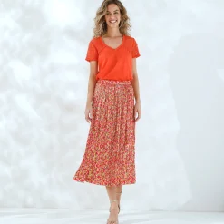 Rok<Blancheporte Bedrukte rok in satijn met plissé oranje / roze