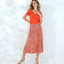 Rok<Blancheporte Bedrukte rok in satijn met plissé oranje / roze