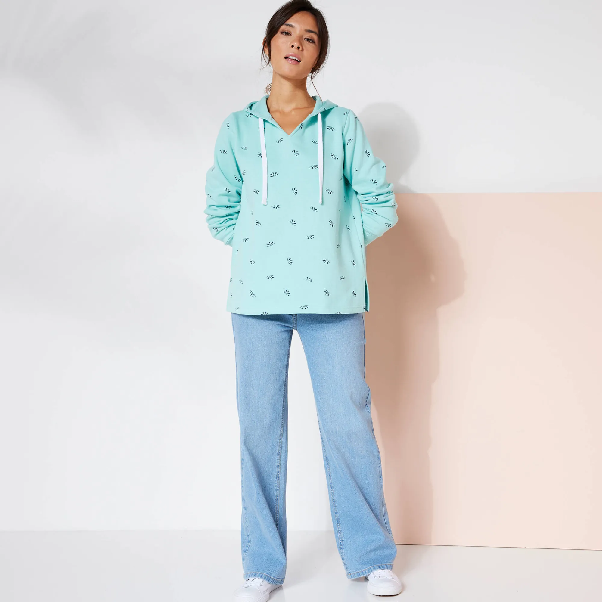 Trui En Vest<Blancheporte Bedrukte sweater met kap in molton celadon
