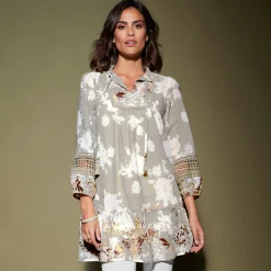 Bloes En Tuniek<Lora Zellini Bedrukte tuniek met strook en 3/4-mouwen kaki