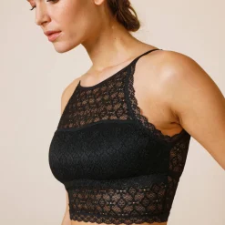 Feestelijke Lingerie|Beha<Blancheporte Behatopje met zwemmersrug in vrouwelijke stretchkant - zonder beugels zwart