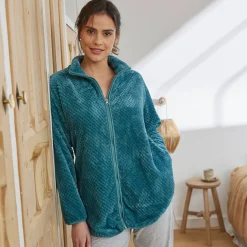 Peignoir En Kamerjas<Blancheporte Binnenhuisjasje in fleecetricot met rits smaragd